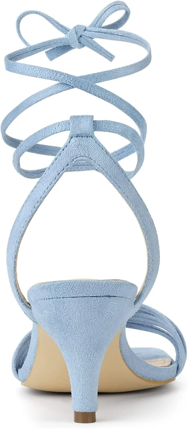 Allegra K Women's Kitten Heel Lace Up Suede Heel Sandals