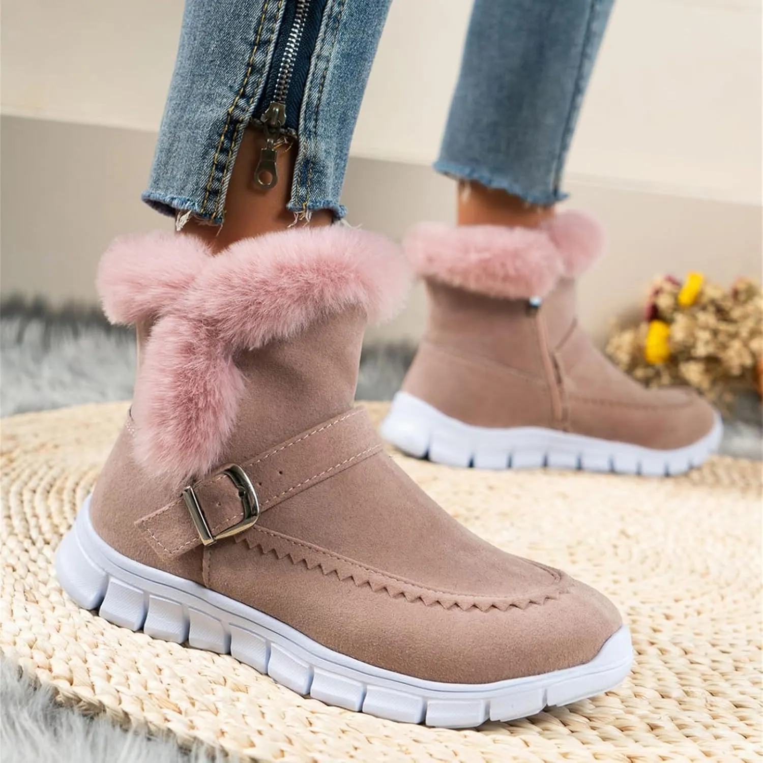 Ankle Boots For Women Comfy Snow Boots Warm Comfortable Slip On Outdoor Fur Lined Walking Winter Loafers Shoes 2024
