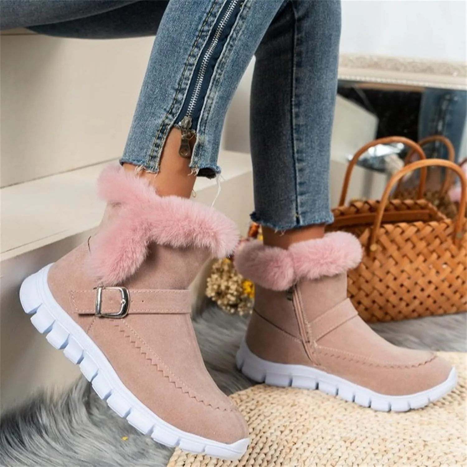 Ankle Boots For Women Comfy Snow Boots Warm Comfortable Slip On Outdoor Fur Lined Walking Winter Loafers Shoes 2024