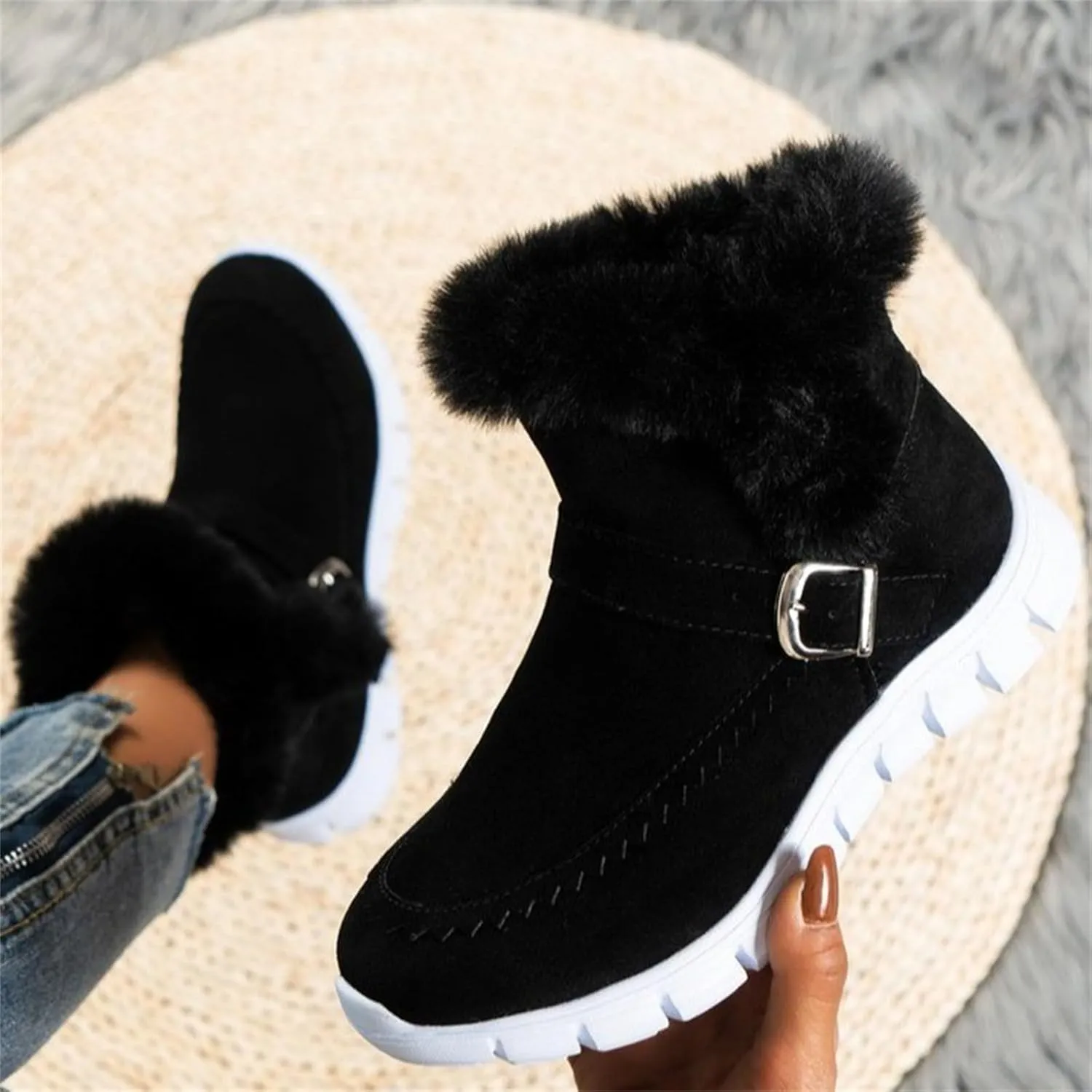 Ankle Boots For Women Comfy Warm Fur Lined Winter Snow Boots Short Booties Fashion Comfortable Slip On Loafers Shoes