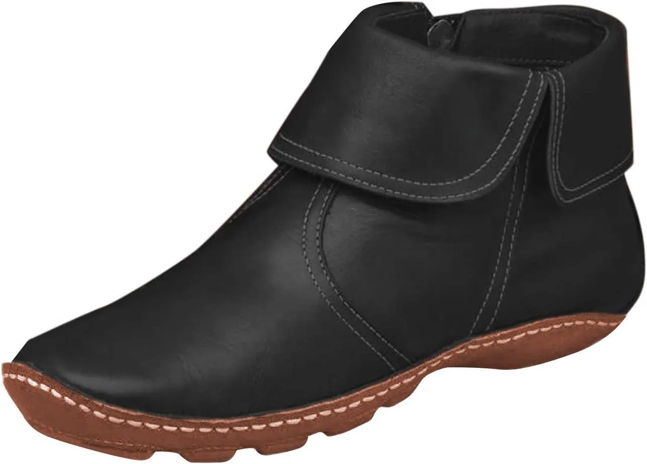 Ankle Boots for Women No Heel New Arch Support Boots Side Zipper Vintage Leather Damping Shoes Flat Heel Booties