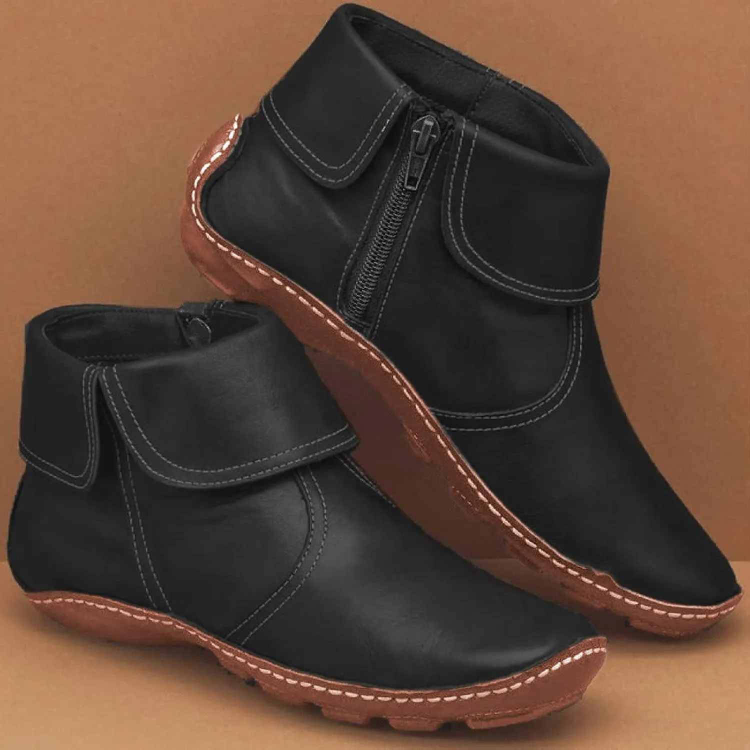 Ankle Boots for Women No Heel New Arch Support Boots Side Zipper Vintage Leather Damping Shoes Flat Heel Booties