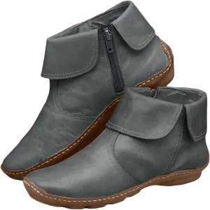 Ankle Boots for Women No Heel New Arch Support Boots Side Zipper Vintage Leather Damping Shoes Flat Heel Booties
