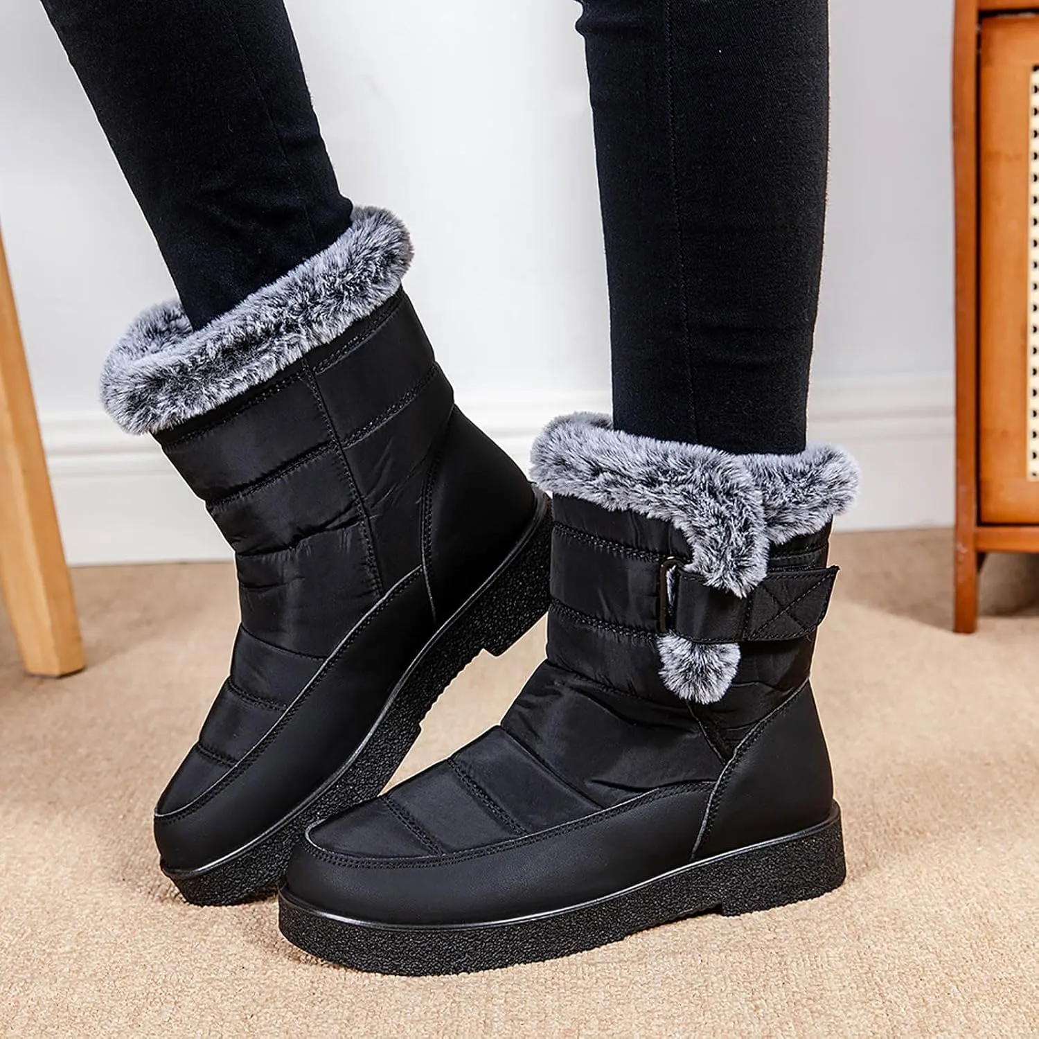 Ankle Boots for Women Warm Fur Lined Winter Snow Boots Outdoor Comfortable Flat Booties Leather Round Toe Booties