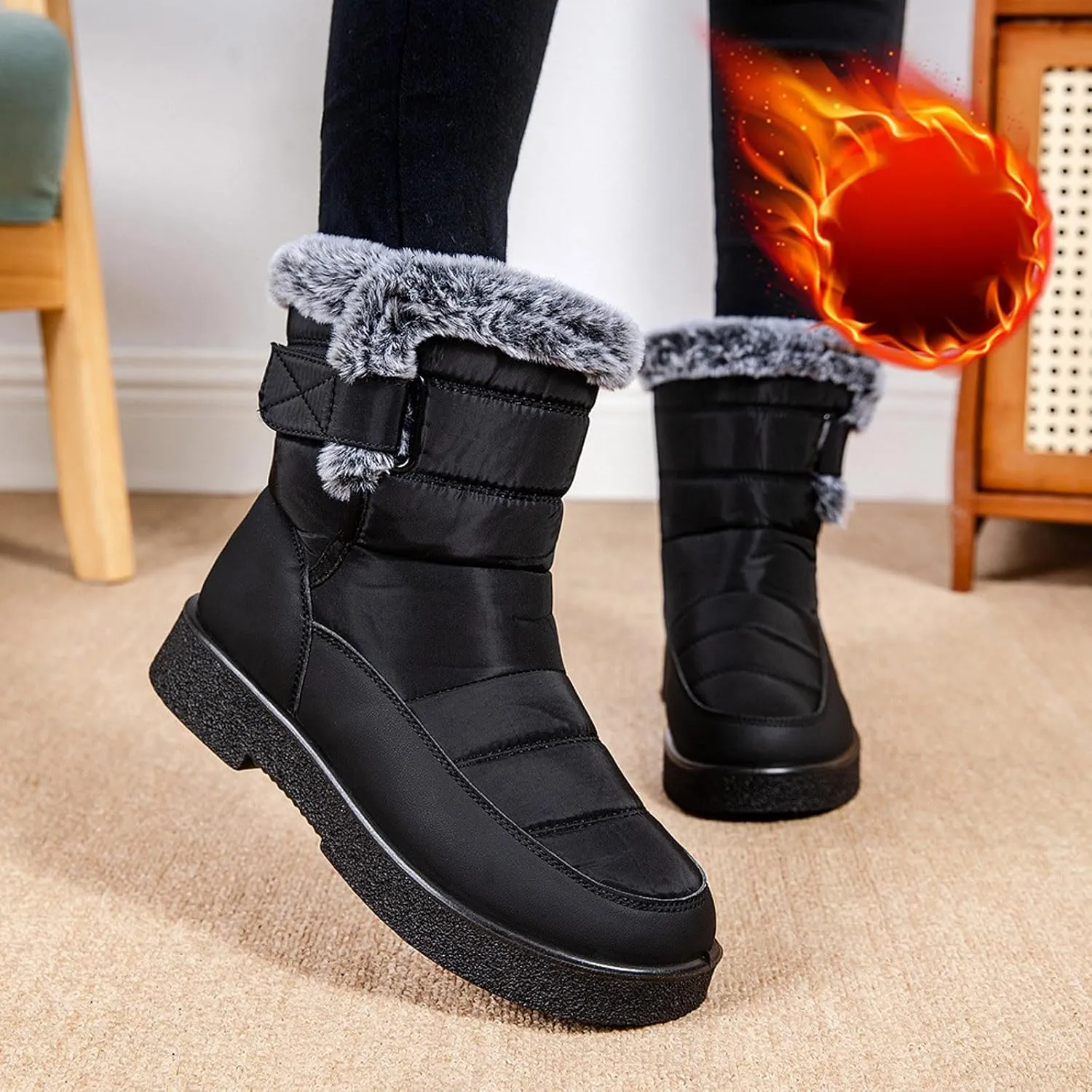 Ankle Boots for Women Warm Fur Lined Winter Snow Boots Outdoor Comfortable Flat Booties Leather Round Toe Booties