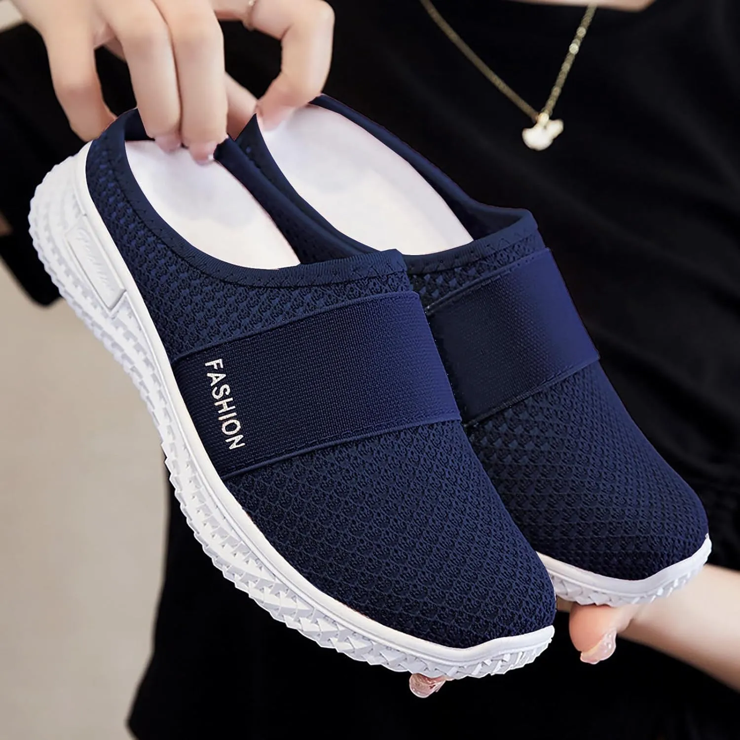 Backless Sneakers for Women Breathable Mesh Low Top Sneakers Cushion Slip-On Walking Tennis Shoes Orthopedic Lightweight Comfortable Summer Footwear Fashion Loafer Flats