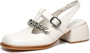 BEAU TODAY Heeled Sandals for Women, Leather Slingback Sandals, Chunky Block Square Toe Heels, Fashion Slip-on Casual Sandals, Dressy Closed Toe Shoes for Party