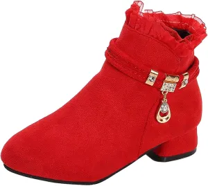 Big Girls Dress Boots Ankle Boots for Kids Chunky Block Low Heel Vintage Booties Princess Shoes with Side Zipper