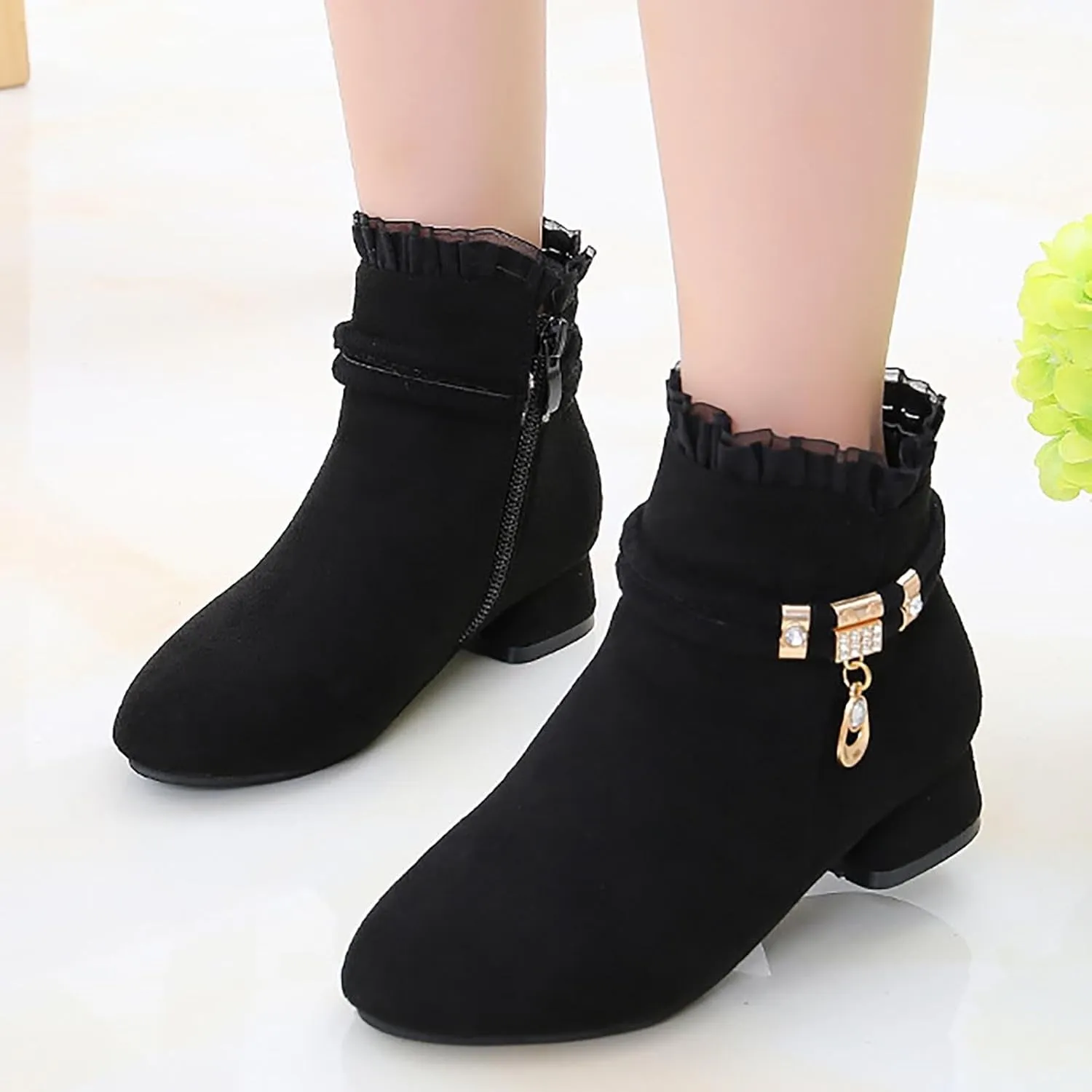 Big Girls Dress Boots Ankle Boots for Kids Chunky Block Low Heel Vintage Booties Princess Shoes with Side Zipper