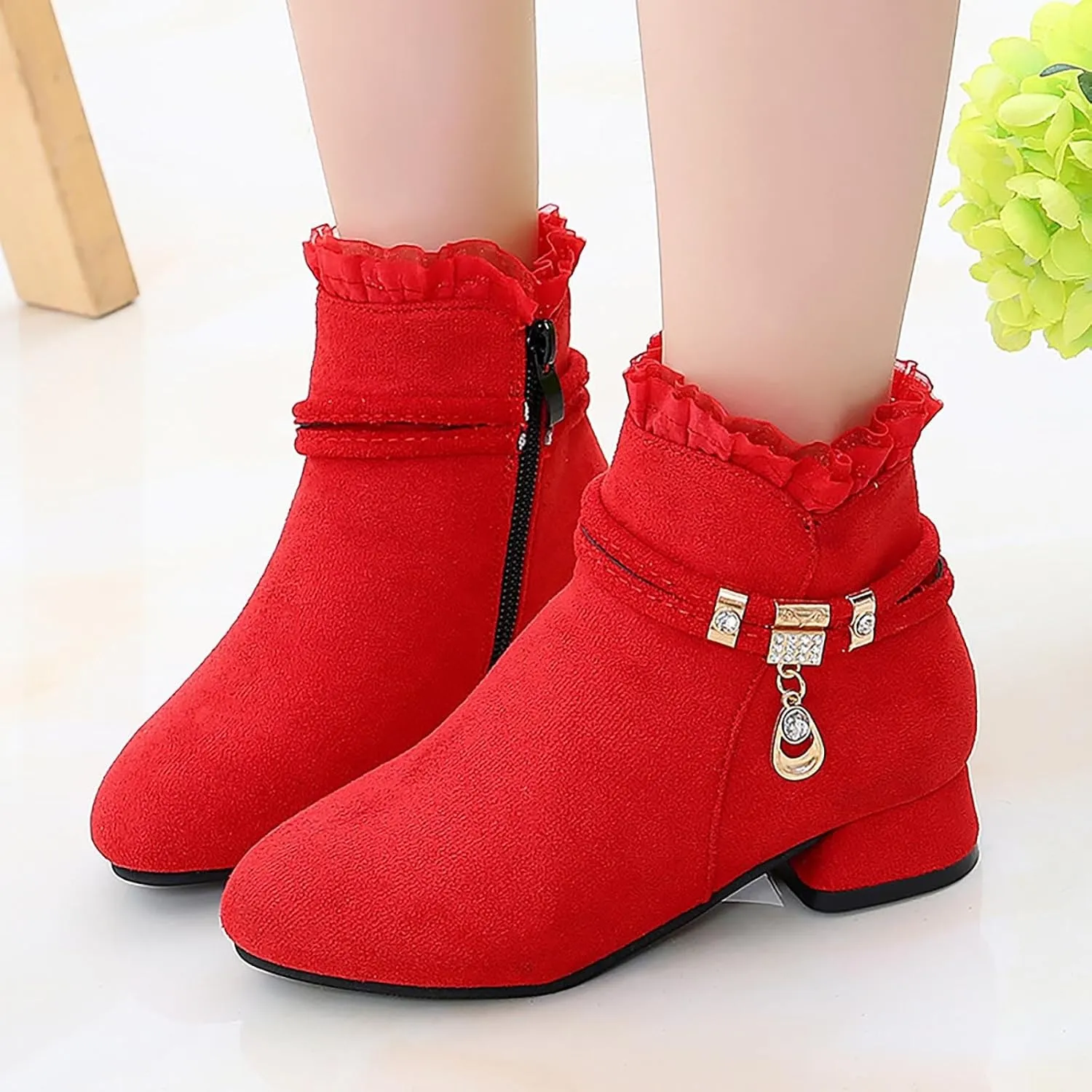 Big Girls Dress Boots Ankle Boots for Kids Chunky Block Low Heel Vintage Booties Princess Shoes with Side Zipper
