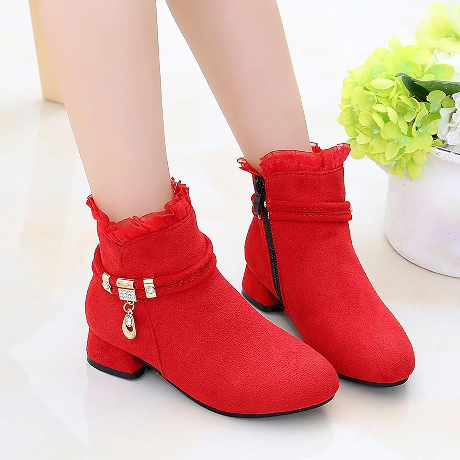 Big Girls Dress Boots Ankle Boots for Kids Chunky Block Low Heel Vintage Booties Princess Shoes with Side Zipper