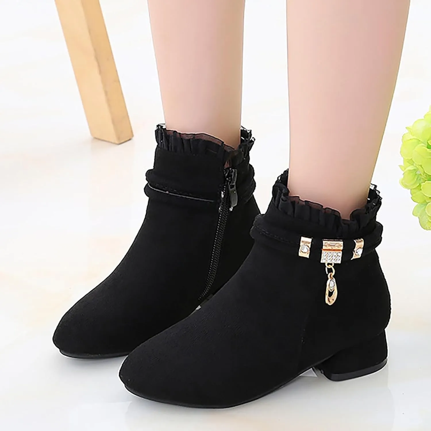 Big Girls Dress Boots Ankle Boots for Kids Chunky Block Low Heel Vintage Booties Princess Shoes with Side Zipper