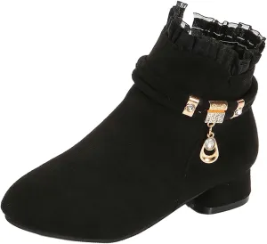 Big Girls Dress Boots Ankle Boots for Kids Chunky Block Low Heel Vintage Booties Princess Shoes with Side Zipper
