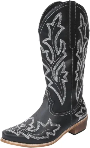 Boots For Women Fashion Dressy Low Heel Western Cowboy Cowgirl Boots Knee High Embroidered Pointed Toe Classic Boot Pull-On