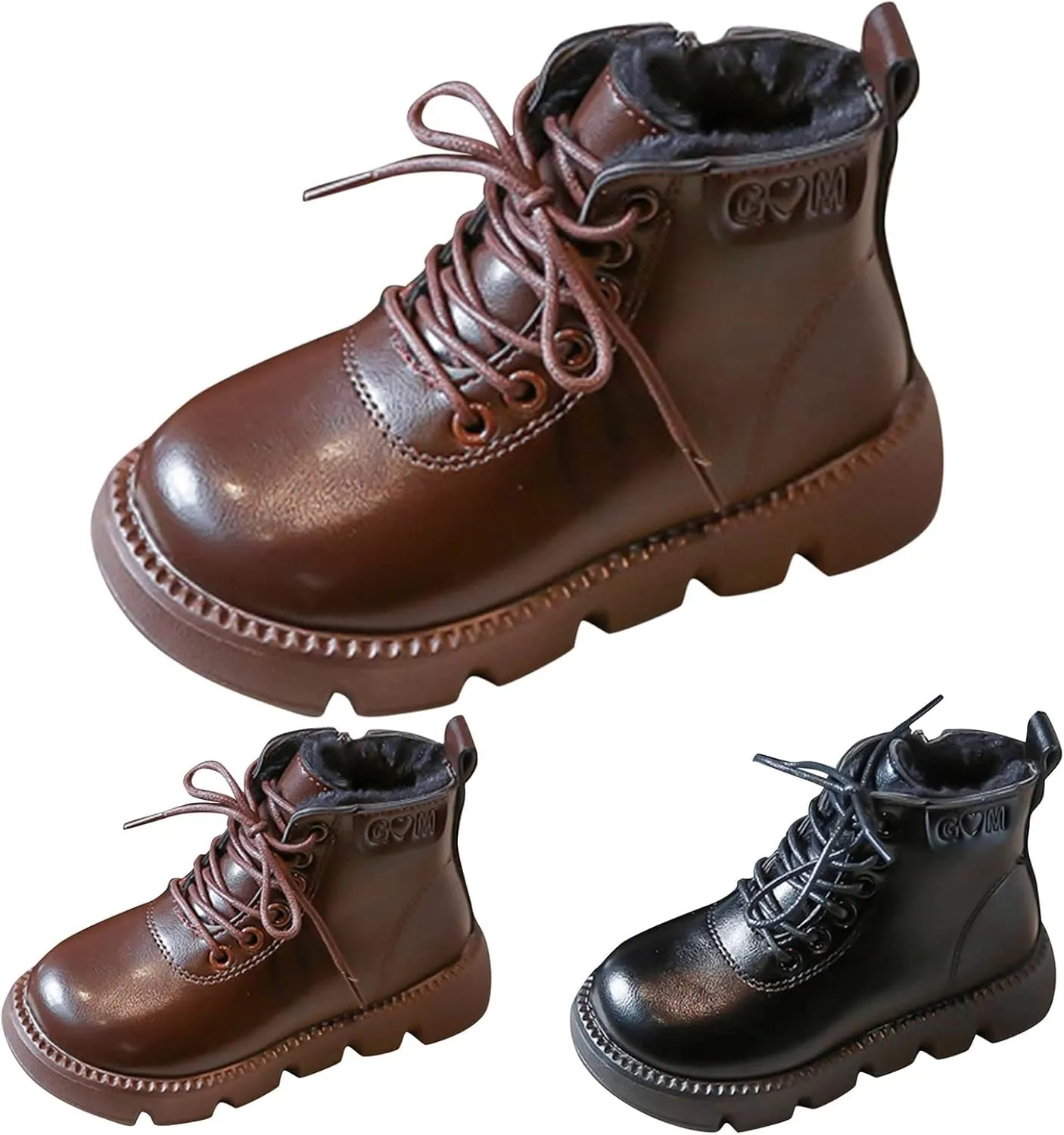 Boys Girls Lace-Up Casual Outdoor Hiking Ankle Boots Water Proof Side Zipper Winter Warm Fleece Walking Shoes