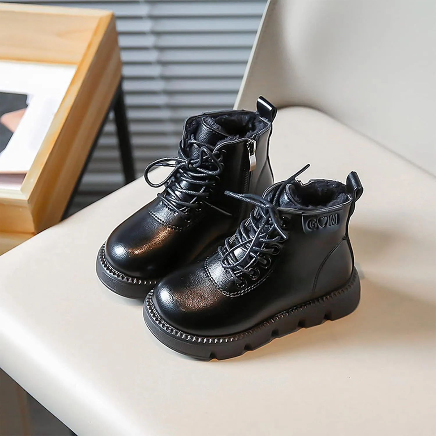 Boys Girls Lace-Up Casual Outdoor Hiking Ankle Boots Water Proof Side Zipper Winter Warm Fleece Walking Shoes