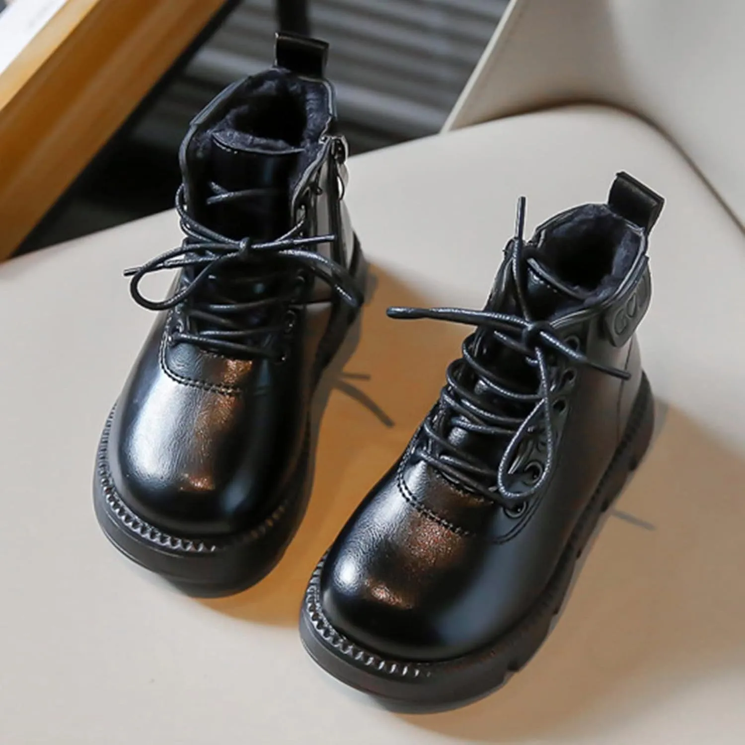 Boys Girls Lace-Up Casual Outdoor Hiking Ankle Boots Water Proof Side Zipper Winter Warm Fleece Walking Shoes
