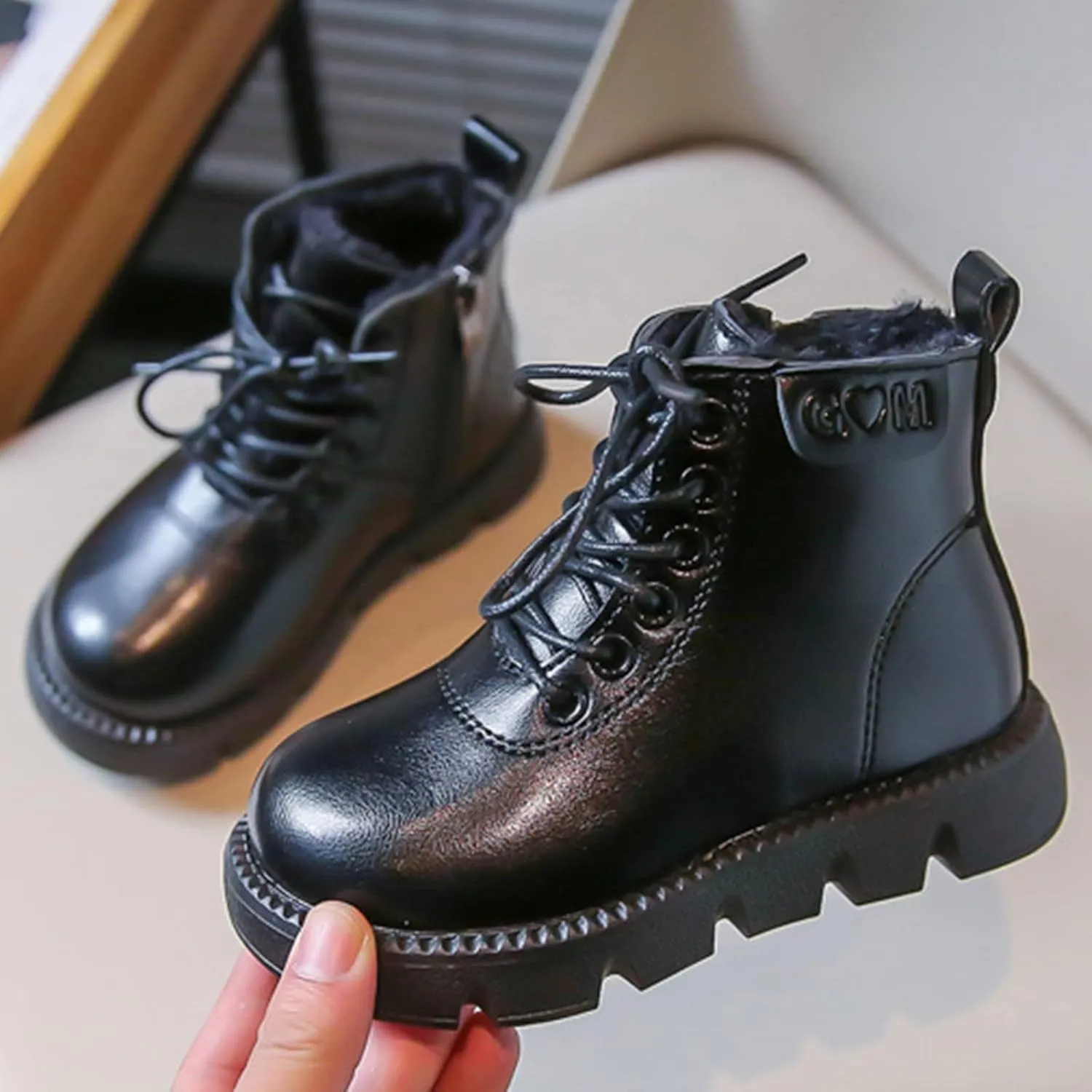Boys Girls Lace-Up Casual Outdoor Hiking Ankle Boots Water Proof Side Zipper Winter Warm Fleece Walking Shoes