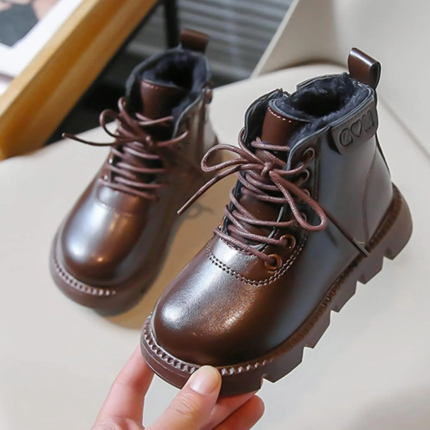 Boys Girls Lace-Up Casual Outdoor Hiking Ankle Boots Water Proof Side Zipper Winter Warm Fleece Walking Shoes