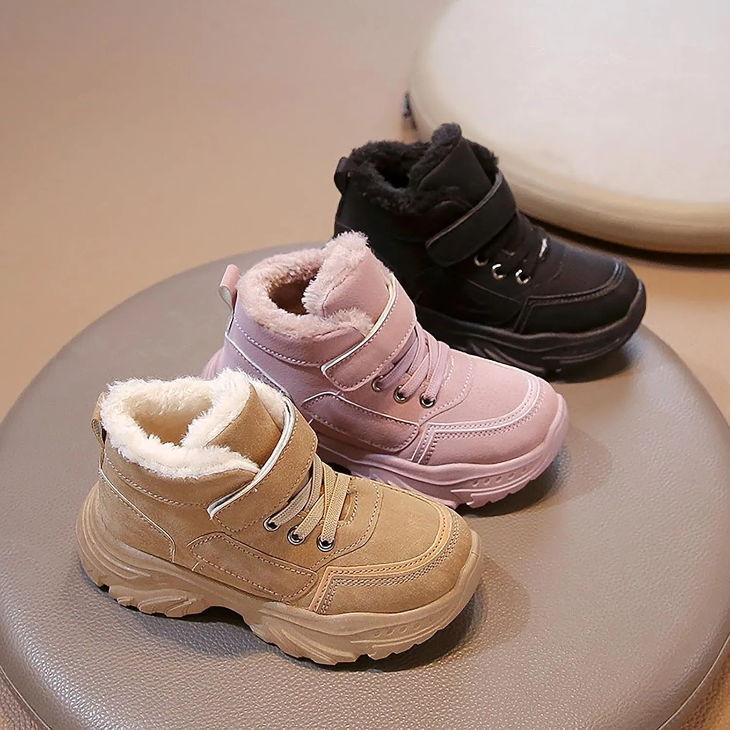 Boys Girls Wterproof Ankle Boots Warm Faux Fur Fashion Sneakers High Top Booties Walking Running Furry Shoes