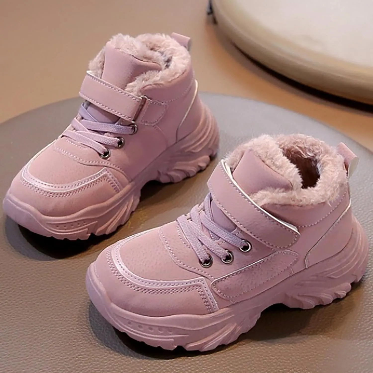 Boys Girls Wterproof Ankle Boots Warm Faux Fur Fashion Sneakers High Top Booties Walking Running Furry Shoes