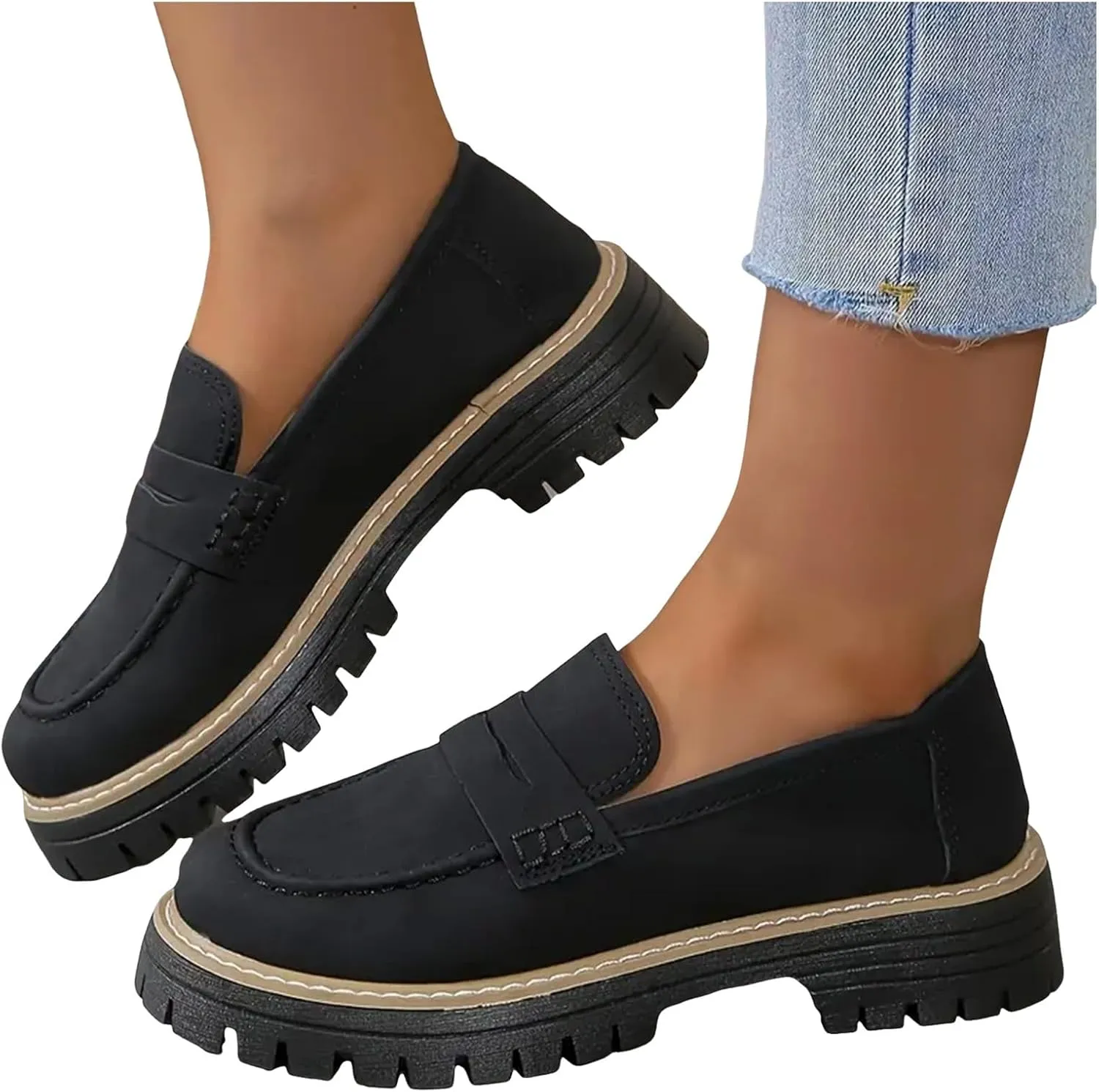 Chunky Loafers Women,Womens Loafers Comfortable Dressy 2025 Platform Loafers for Women Suede Slip on Shoes Lug Sole Round Toe Walking orthoture Loafers Work Business Casual Shoes Women