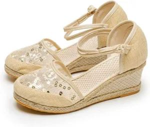 Closed Toe Sandals Women 2025 Women's Espadrilles Low Wedge Heel Sandals Ankle Strap Espadrille Wedge Sandals Dressy Casual Summer Comfortable Canvas Platform Wedge Shoes