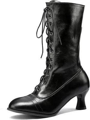 Cowboy Boots for Women 2024 Vintage Renaissance Mid Calf Boots Low Heel Lace Up Cowgirl Booties with Zipper