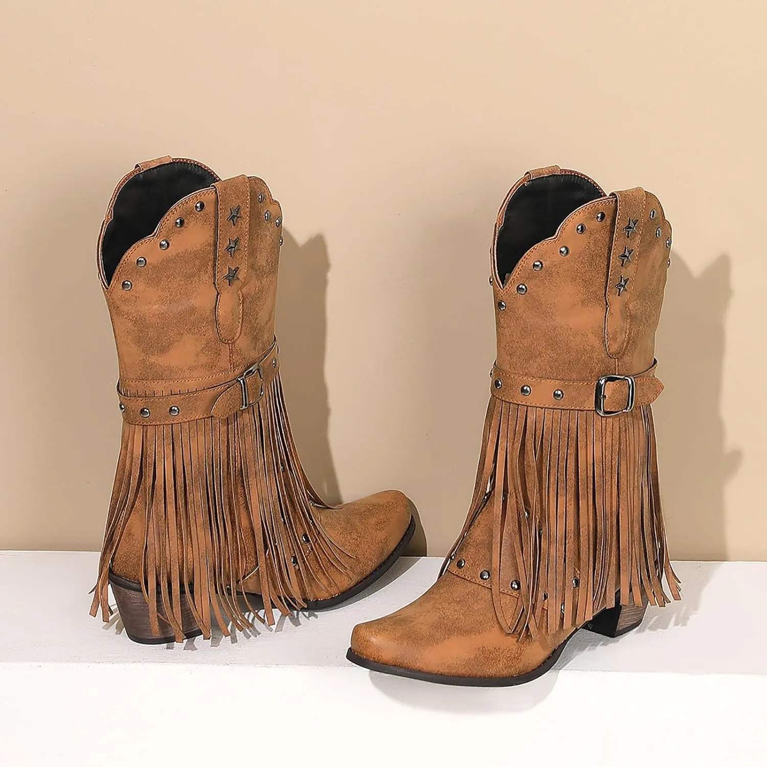 Cowboy Boots for Women Mid Calf Fringe Cowgirl Boots Fringe Western Low Heel Boots Wide Calf Riding Cowboy Boots
