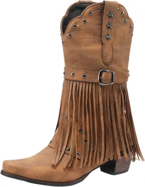 Cowboy Boots for Women Mid Calf Fringe Cowgirl Boots Fringe Western Low Heel Boots Wide Calf Riding Cowboy Boots