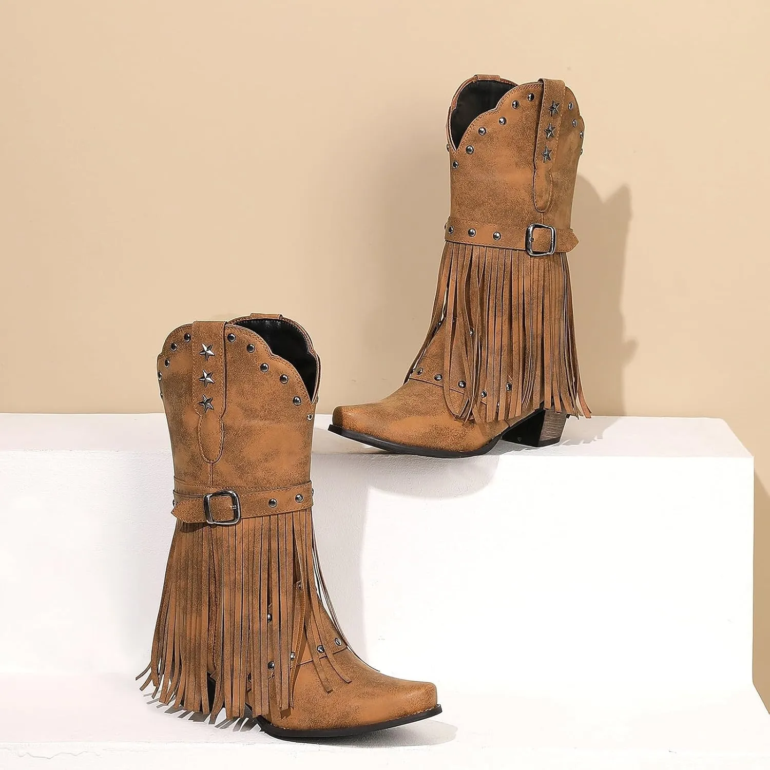 Cowboy Boots for Women Mid Calf Fringe Cowgirl Boots Fringe Western Low Heel Boots Wide Calf Riding Cowboy Boots
