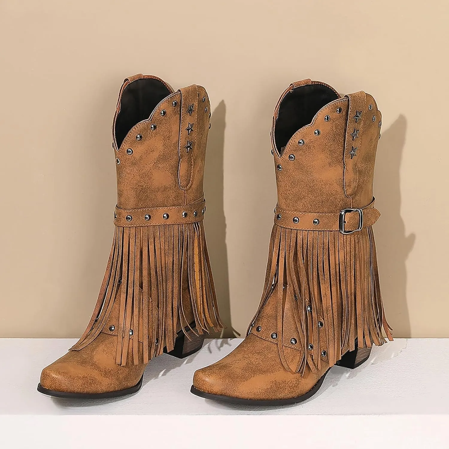 Cowboy Boots for Women Mid Calf Fringe Cowgirl Boots Fringe Western Low Heel Boots Wide Calf Riding Cowboy Boots