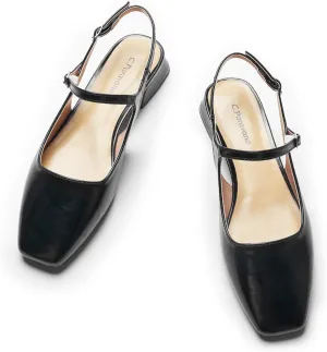 C.Paravano Women's Slingback Flats | Square Toe Slingback Flats for Women | Block Heel Slingback Sandals | Adjustable Strap Shoes (Size 5.5,New Black)