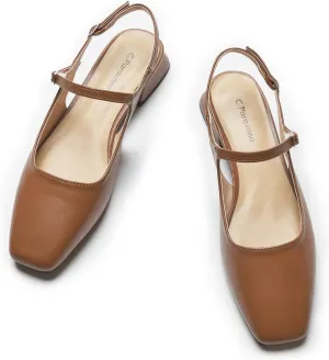 C.Paravano Women's Slingback Flats | Square Toe Slingback Flats for Women | Block Heel Slingback Sandals | Adjustable Strap Shoes (Size 8.5,New Brown)