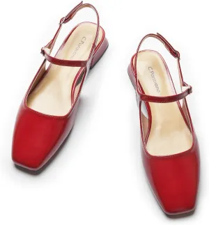 C.Paravano Women's Slingback Flats | Square Toe Slingback Flats for Women | Block Heel Slingback Sandals | Adjustable Strap Shoes (Size 8.5,New Red)