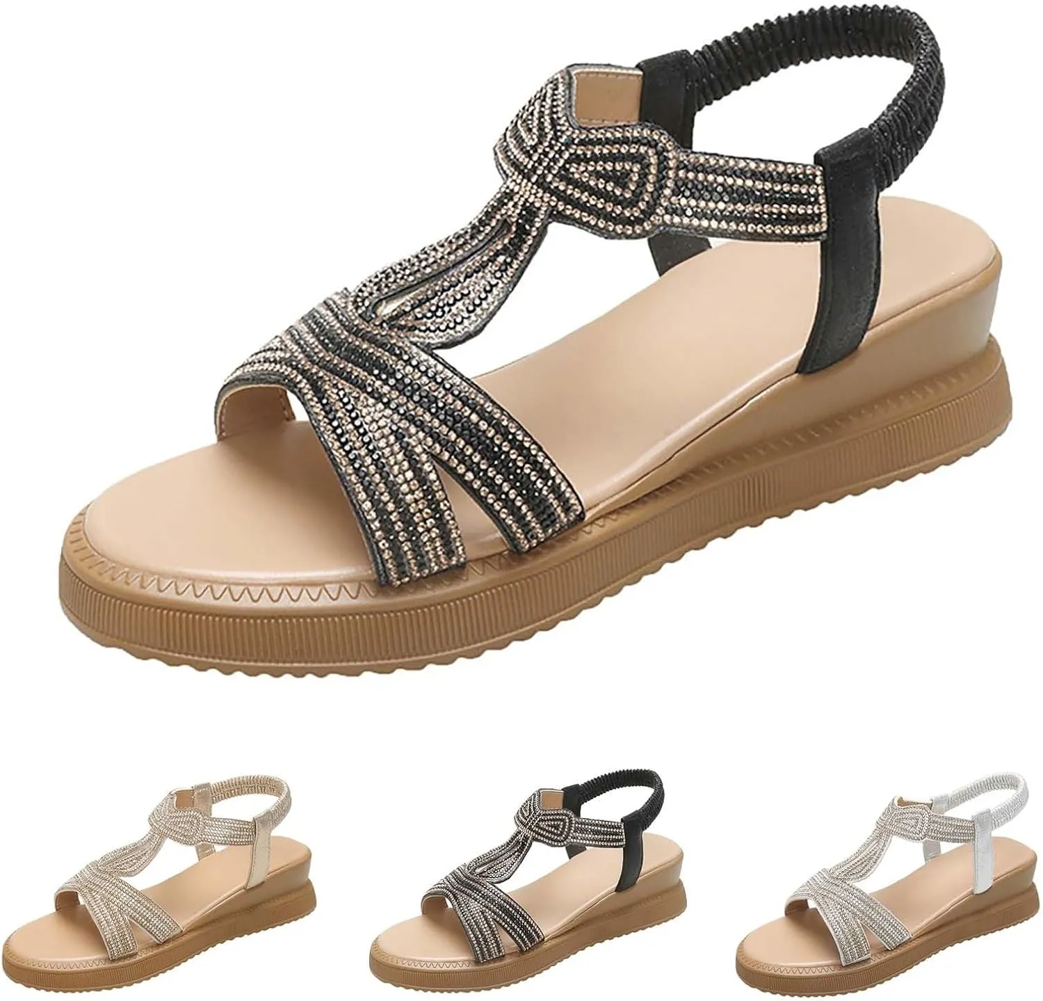 Dress Sandals for Women 2025 Low Heel Open Toe Dressy Boho Summer Shoes Beach Rhinestone Strap Espadrilles Wedges
