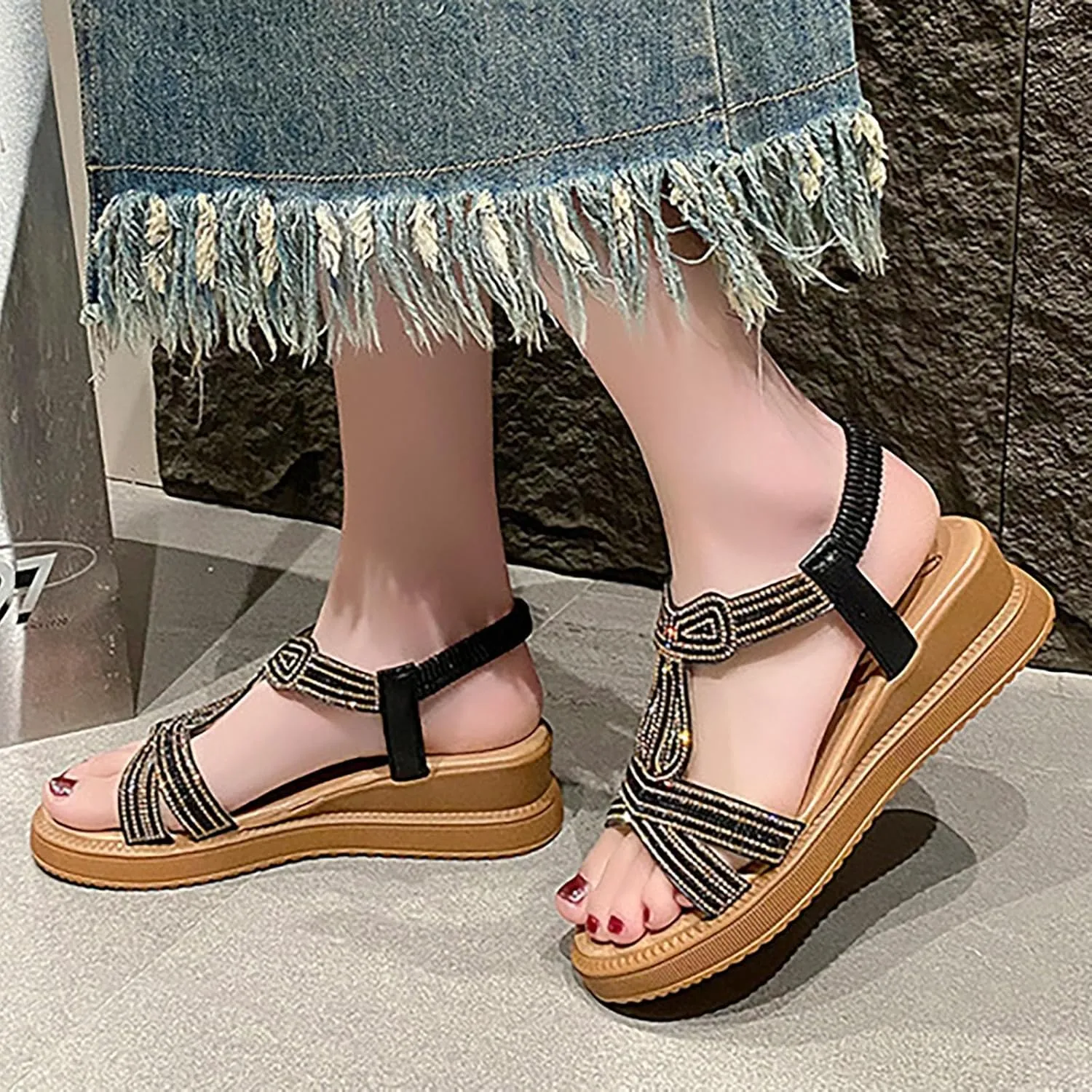 Dress Sandals for Women 2025 Low Heel Open Toe Dressy Boho Summer Shoes Beach Rhinestone Strap Espadrilles Wedges