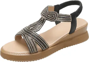 Dress Sandals for Women 2025 Low Heel Open Toe Dressy Boho Summer Shoes Beach Rhinestone Strap Espadrilles Wedges