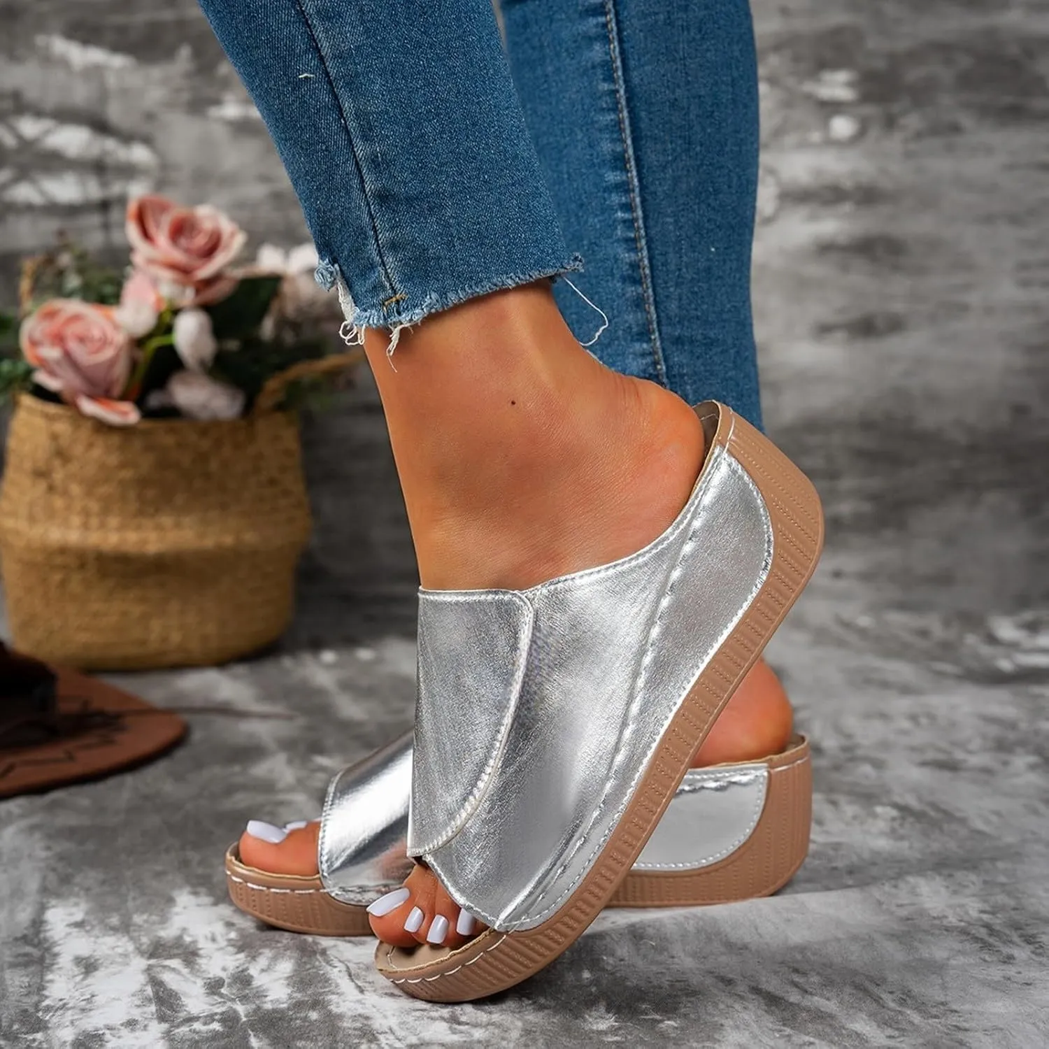 Dressy Wedge Sandals for Women Open Toe Platform Slip On Wedges Shoes Fashion Sparkly Leather Party Prom Sandals
