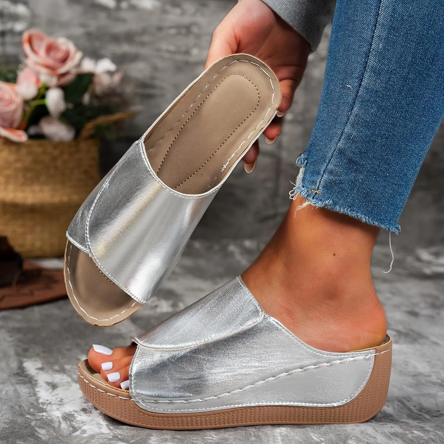 Dressy Wedge Sandals for Women Open Toe Platform Slip On Wedges Shoes Fashion Sparkly Leather Party Prom Sandals