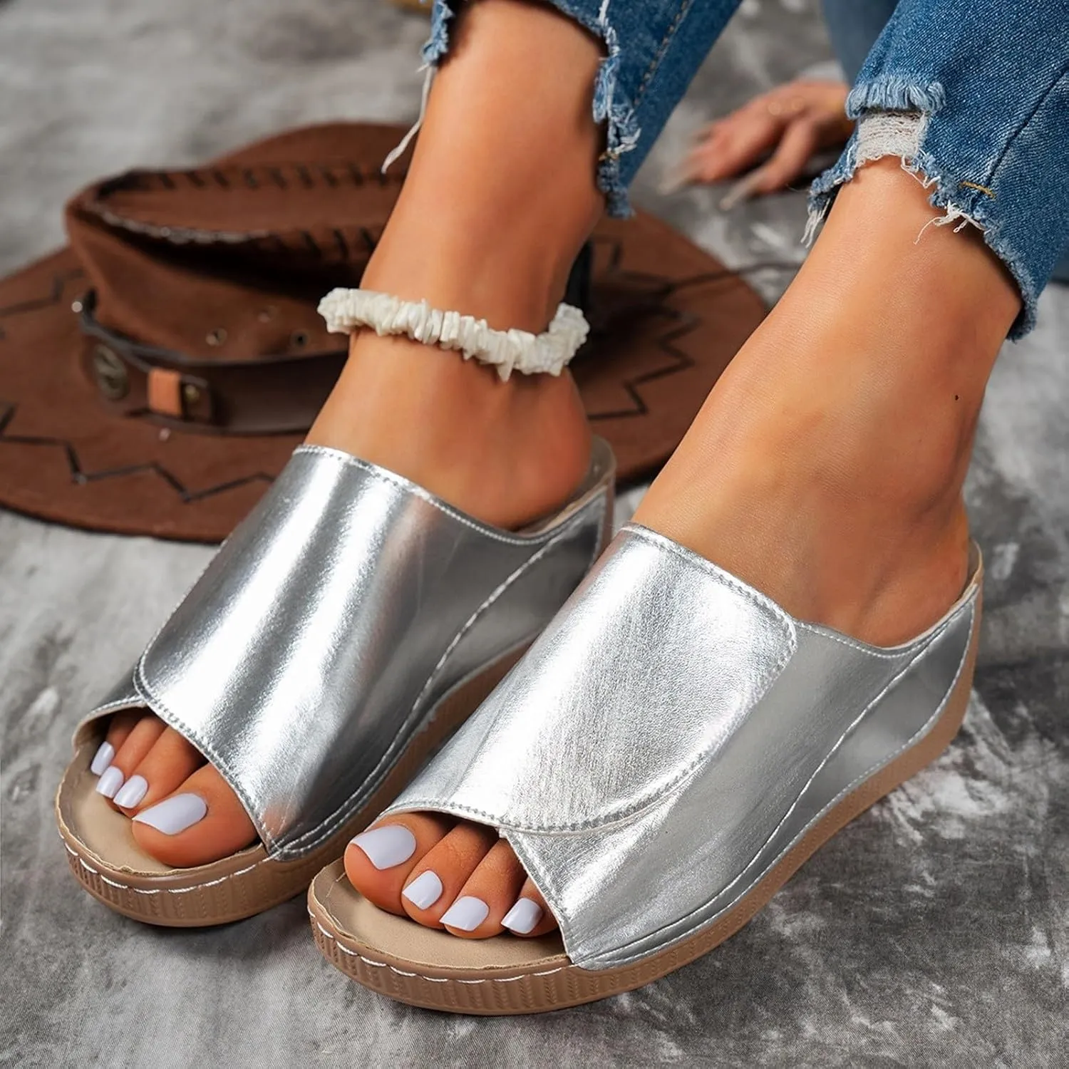Dressy Wedge Sandals for Women Open Toe Platform Slip On Wedges Shoes Fashion Sparkly Leather Party Prom Sandals