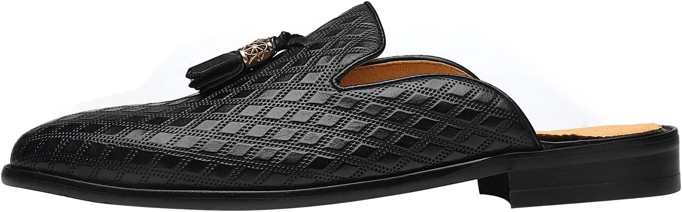 ELANROMAN Men's Backless Loafers Black Genuine Leather Mules Slippers Slip on Shoes