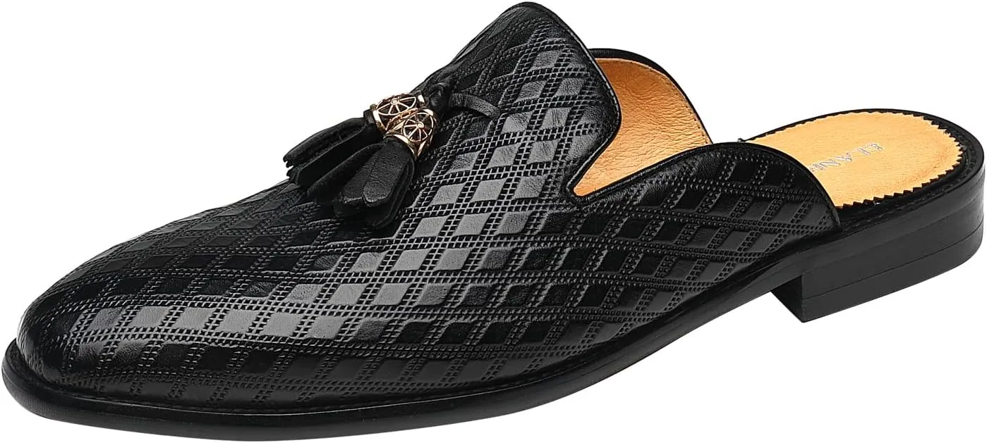 ELANROMAN Men's Backless Loafers Black Genuine Leather Mules Slippers Slip on Shoes