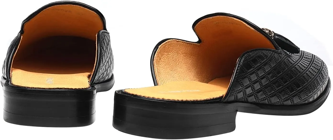ELANROMAN Men's Backless Loafers Black Genuine Leather Mules Slippers Slip on Shoes