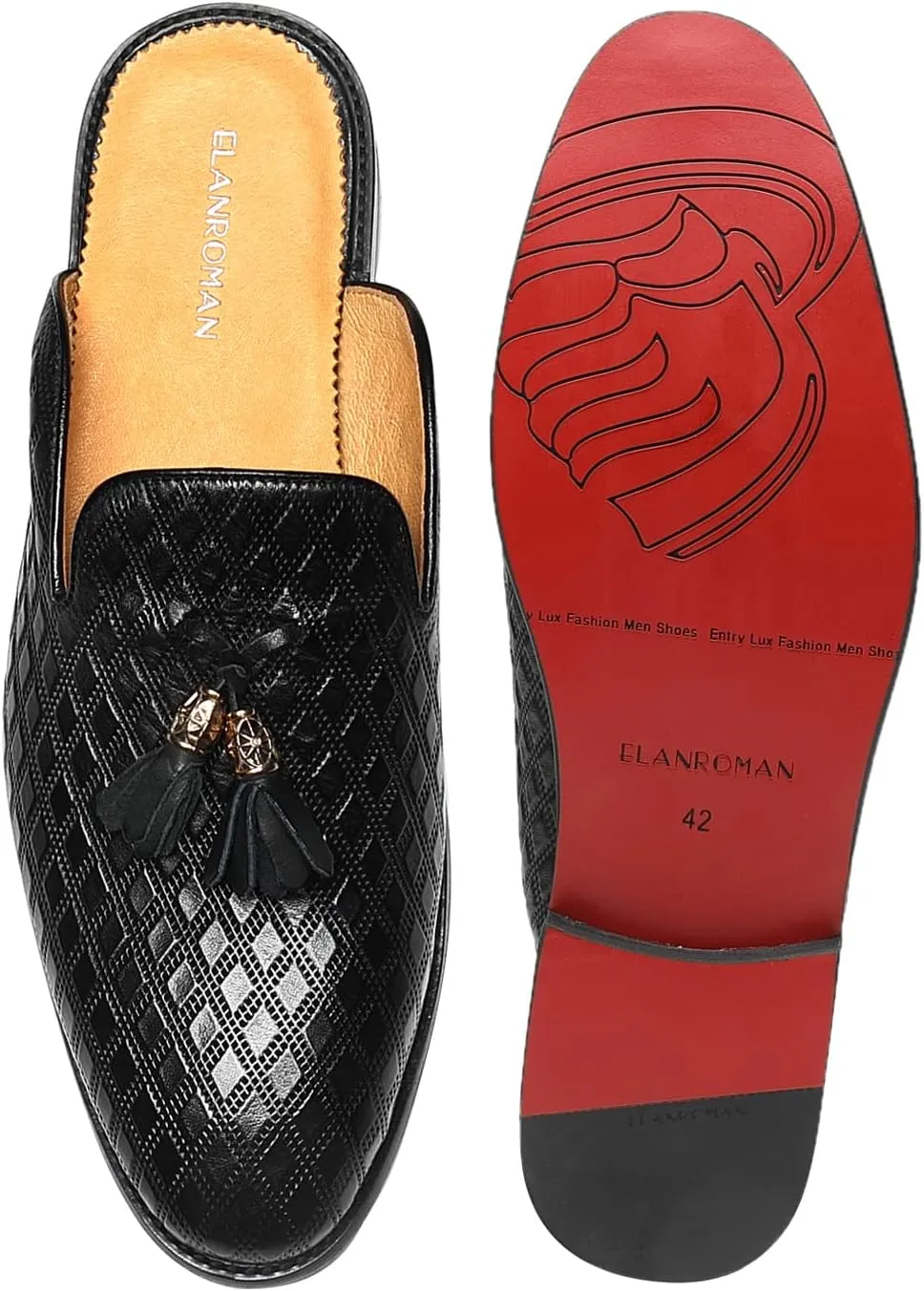 ELANROMAN Men's Backless Loafers Black Genuine Leather Mules Slippers Slip on Shoes