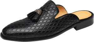ELANROMAN Men's Backless Loafers Black Genuine Leather Mules Slippers Slip on Shoes