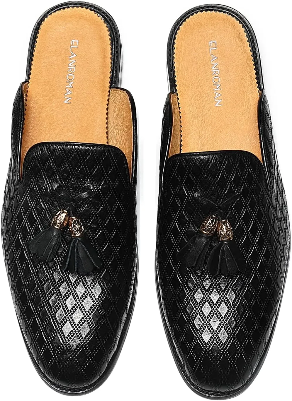 ELANROMAN Men's Backless Loafers Black Genuine Leather Mules Slippers Slip on Shoes