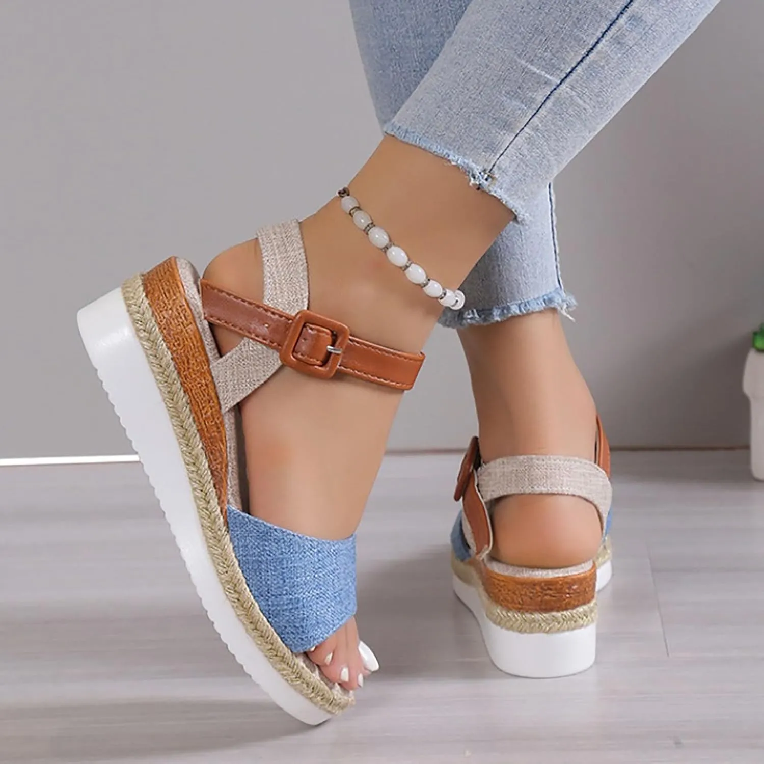 Espadrille Sandals for Women Ankle Strap Open Toe Low Platform Wedges Shoes Summer Fashion Dressy Beach Shoes