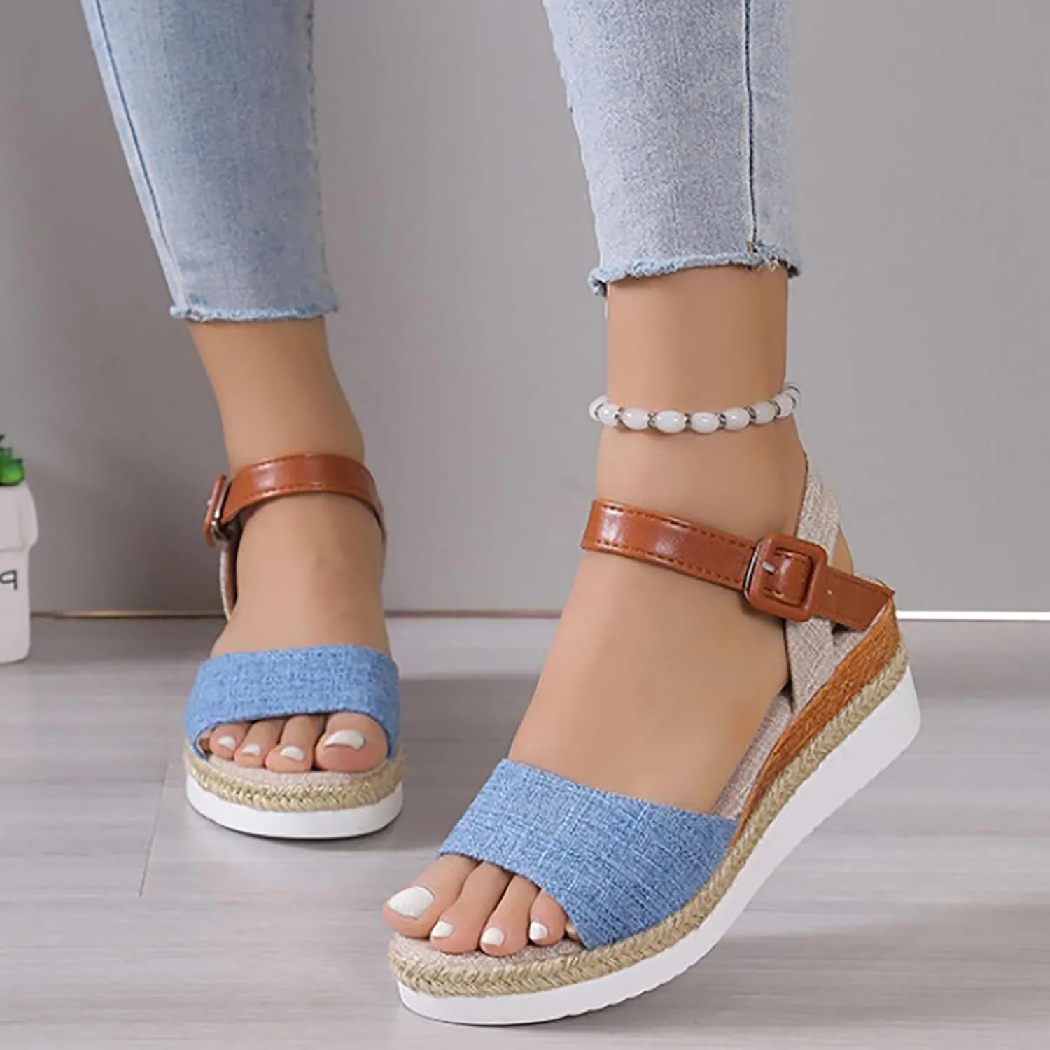 Espadrille Sandals for Women Ankle Strap Open Toe Low Platform Wedges Shoes Summer Fashion Dressy Beach Shoes