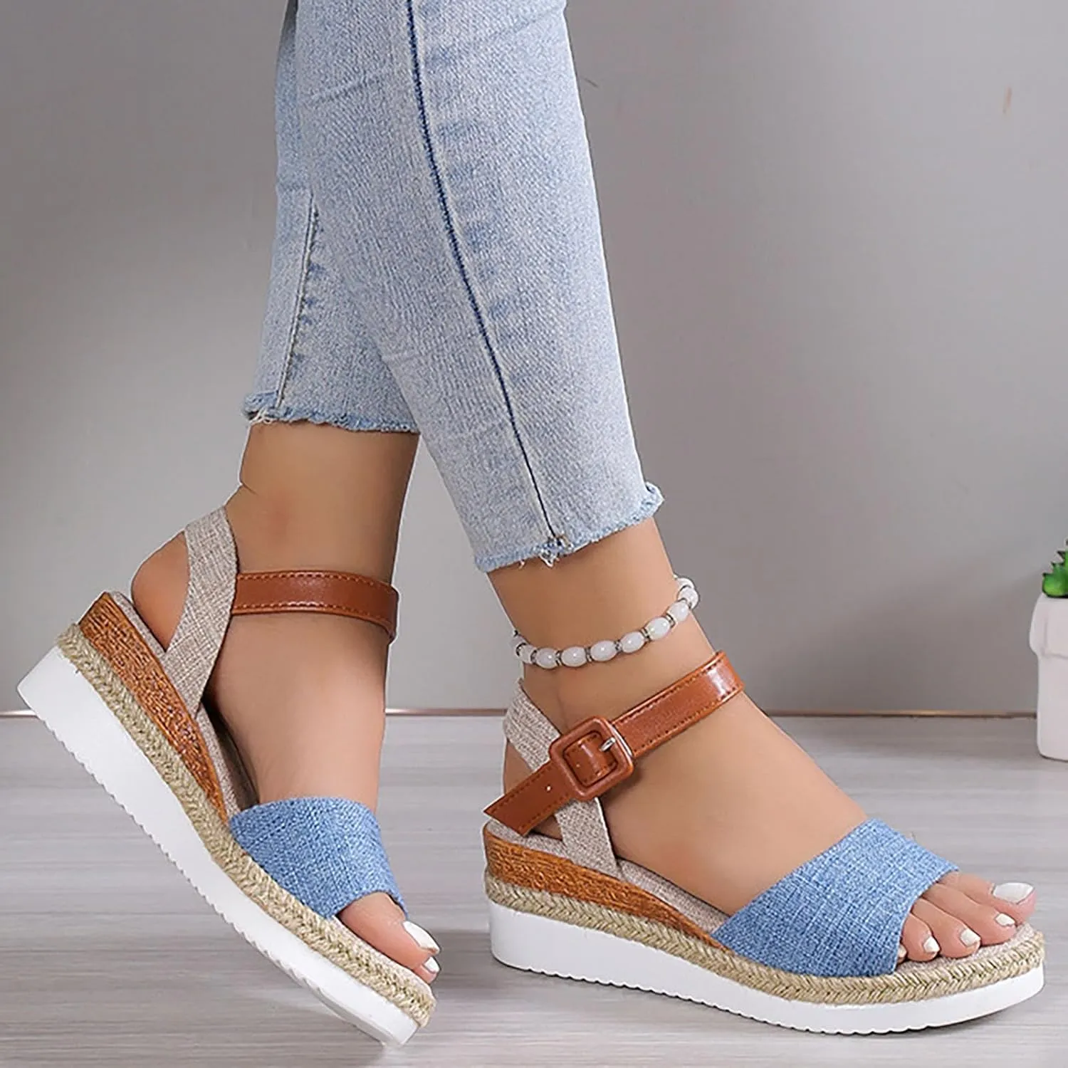 Espadrille Sandals for Women Ankle Strap Open Toe Low Platform Wedges Shoes Summer Fashion Dressy Beach Shoes
